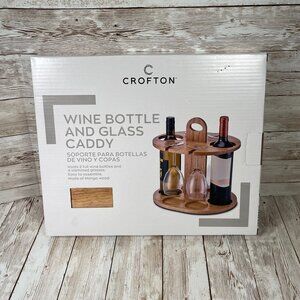 CROFTON Mango Wood Wine Bottle & Glass Caddy Holds 2 Bottles & 4 Glasses NEW